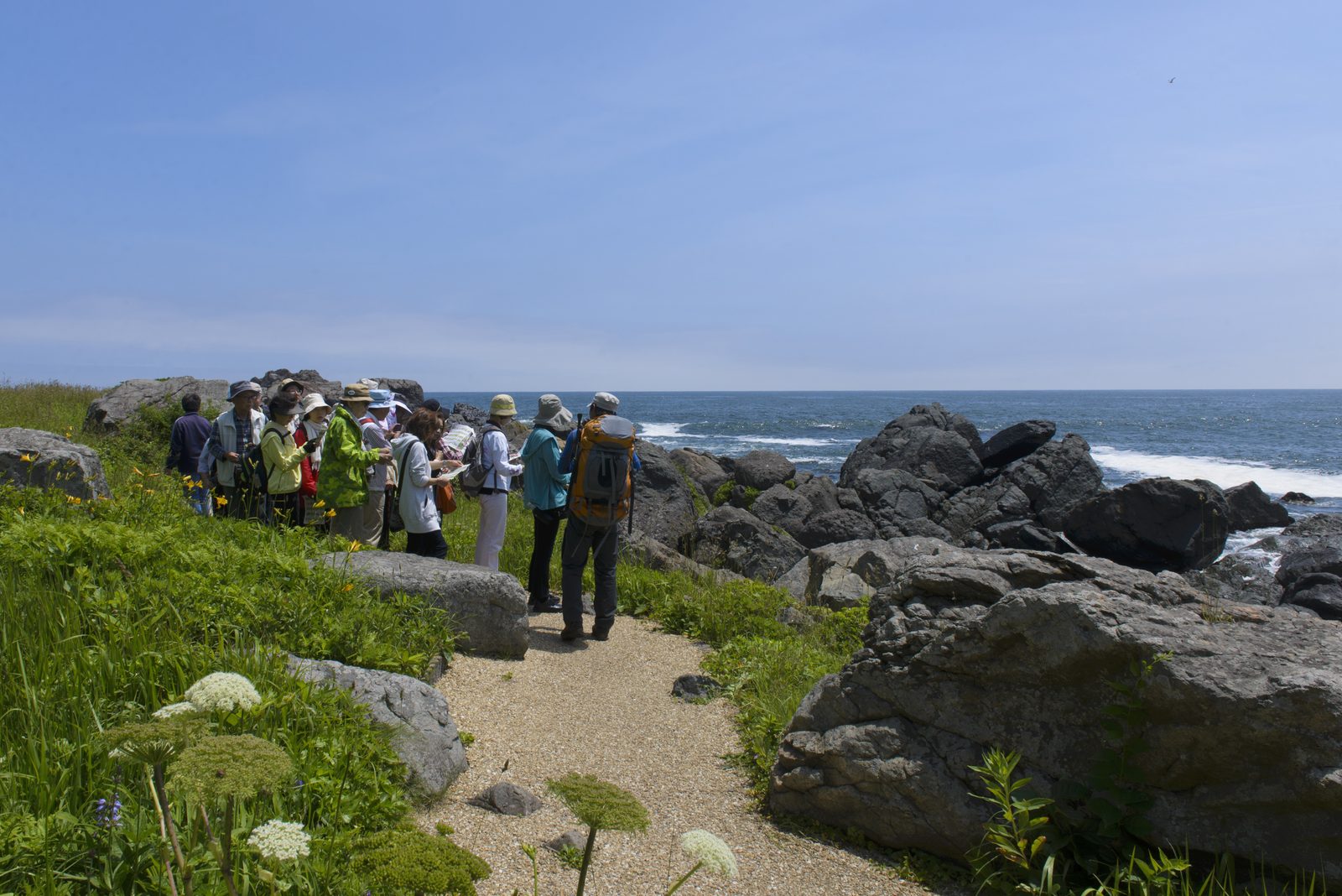 Walkers on a gravel coastal path between grass and dark rocks on the Tanesashi shoreline
