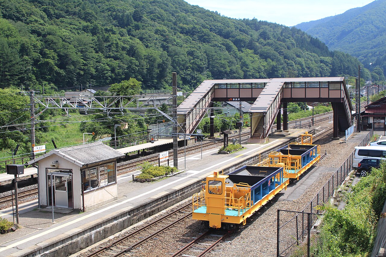 An elevated view of Narai Station's platform with a covered pedestrian overpass, maintenance rail cars on the track, and forested mountains behind.