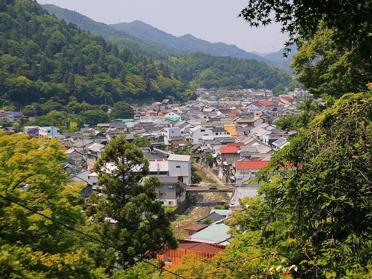 View of the Asuke townscape and the Asuke River from Mount Kannon in fresh green