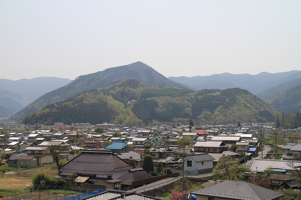 A view over the low rooftops of Matsushiro town spread across the valley floor, with forested mountains rising behind under a hazy sky.