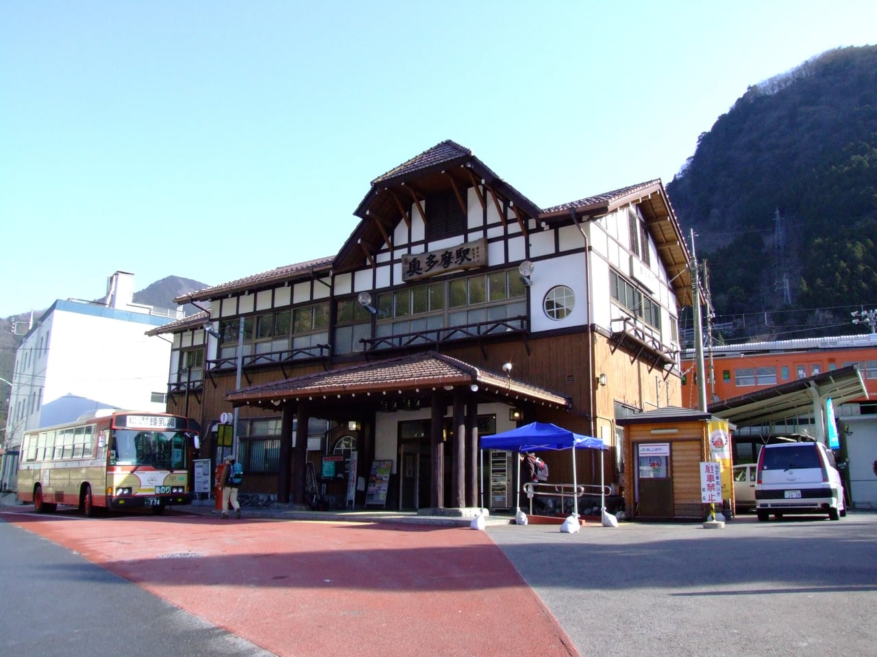 The station building of Okutama Station, the gateway to the Okutama valley.