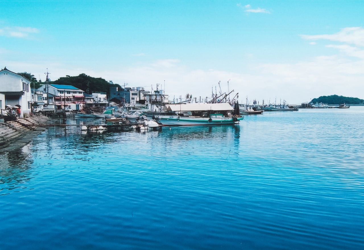 Fishing boats moored in the harbor of Tomonoura, with houses lining the waterfront.