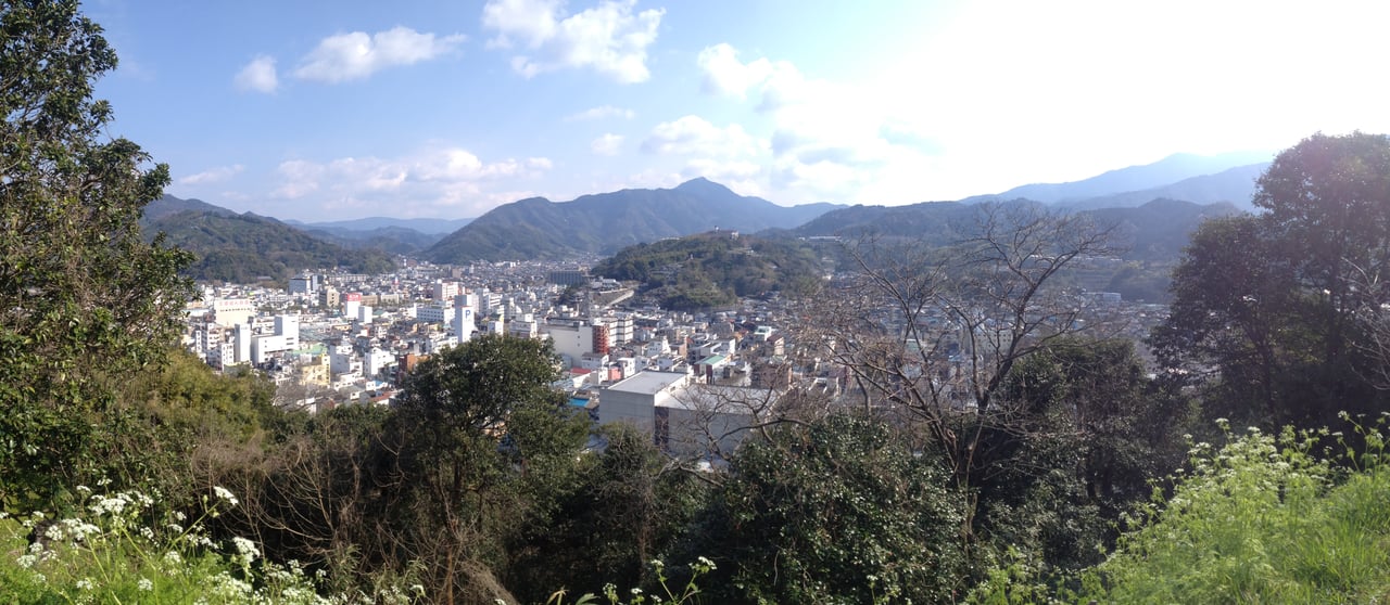 A view over the town of Uwajima and its surrounding hills, seen from the grounds of Uwajima Castle, Ehime Prefecture.