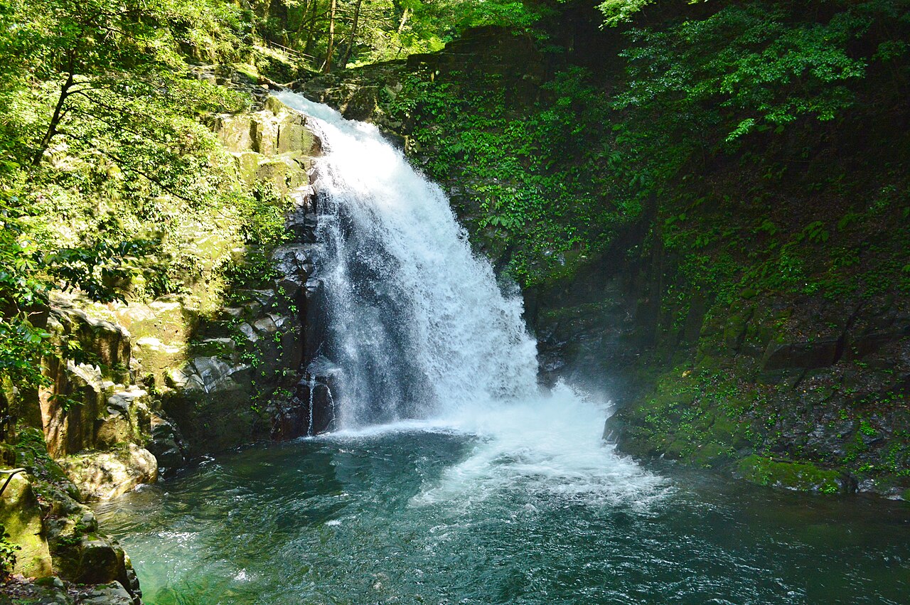 A waterfall tumbling down mossy rocks into a dark green pool, surrounded by dense summer foliage