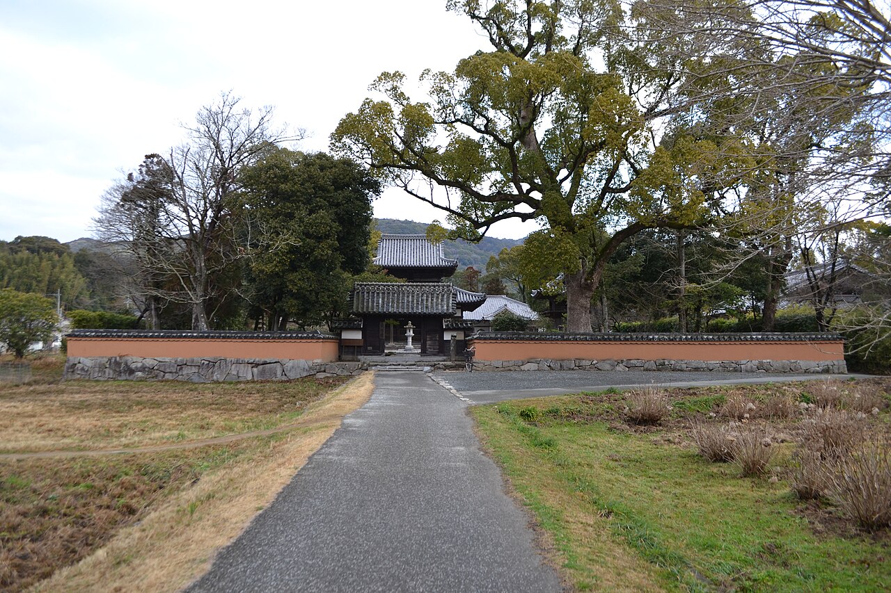A quiet path between rice fields leading to the gate of Kaidanin temple.