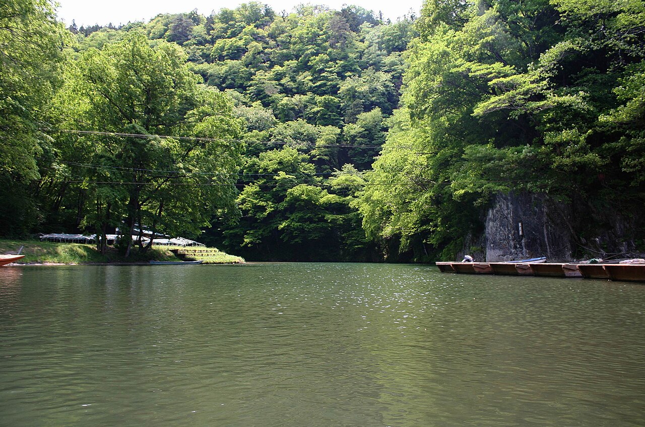 Flat-bottomed punts moored along the calm green Satetsu River below tree-covered slopes near the Geibikei boat landing