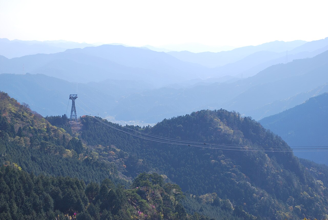 The ropeway line crossing a wooded ridge between steel towers
