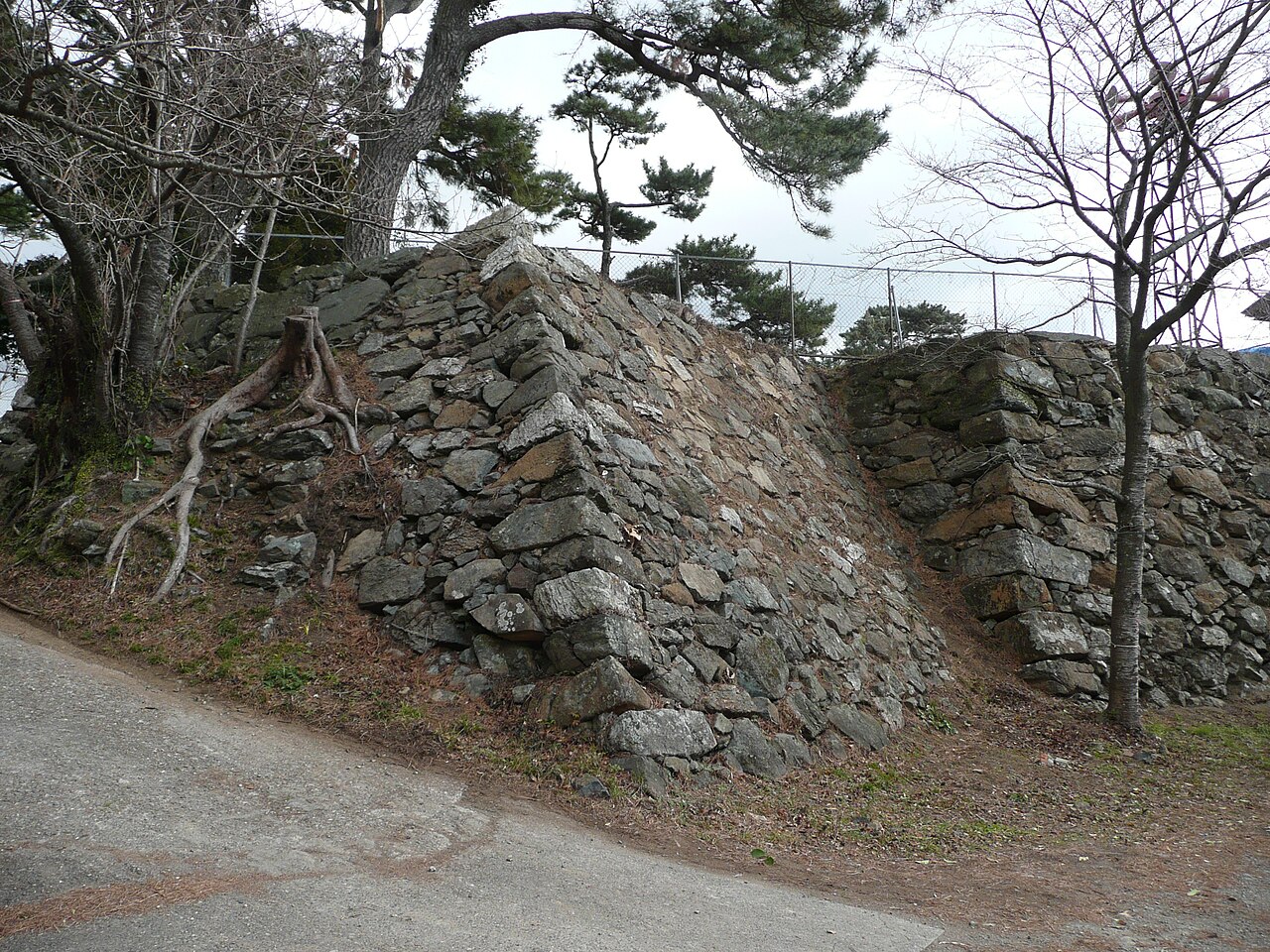 Old stacked stone walls of Toba Castle among pine trees beside a slope path