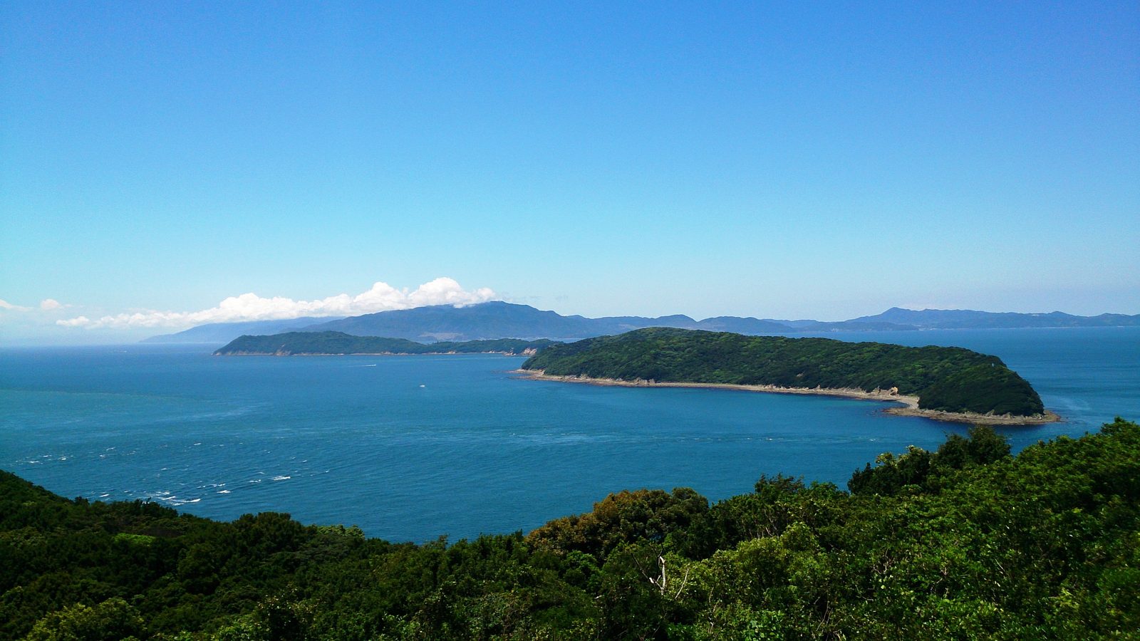 A forested island and the blue sea seen from a high viewpoint, with mountain ridges on the far horizon.