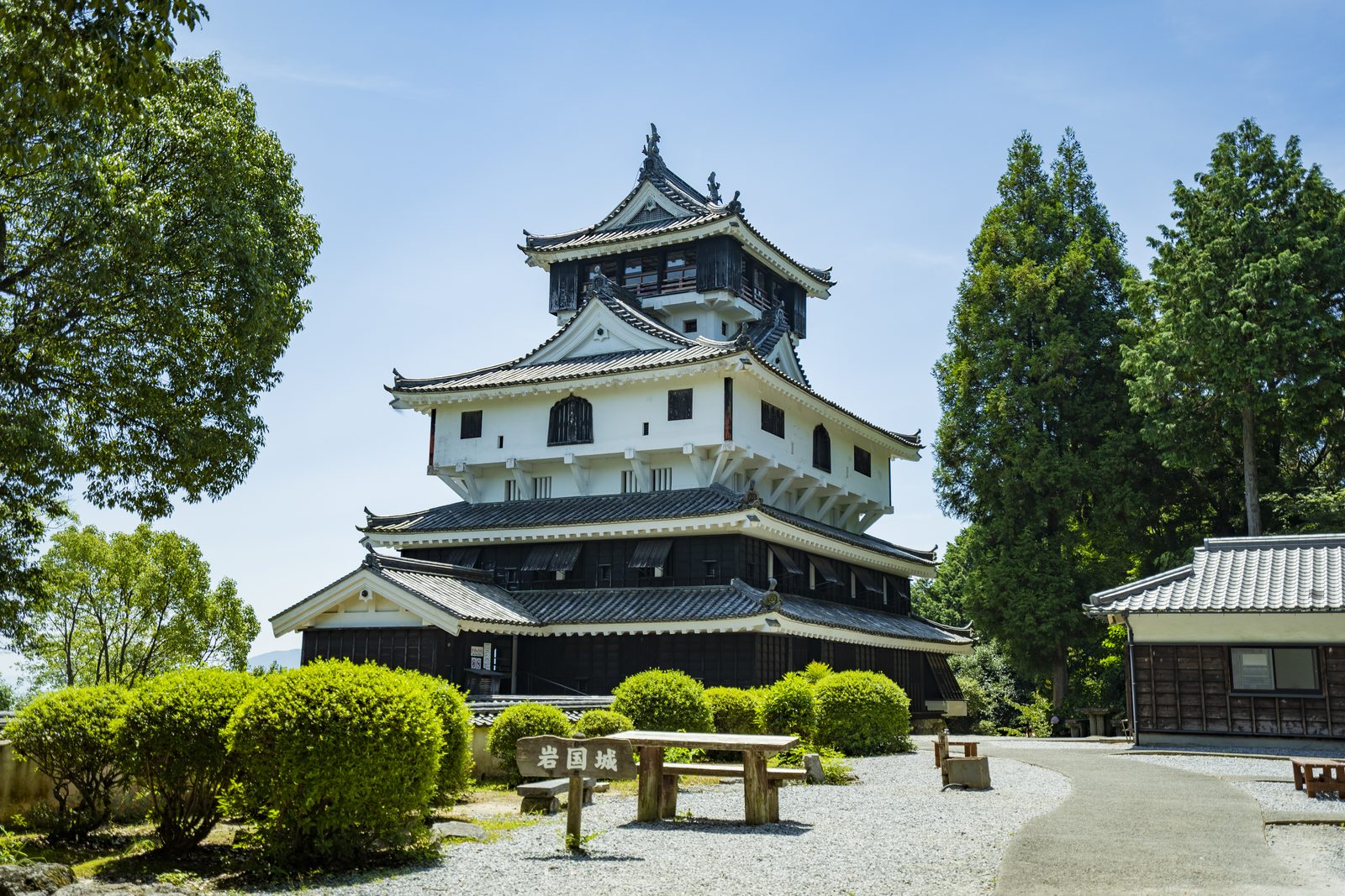 The white keep of Iwakuni Castle on its hilltop under a blue sky